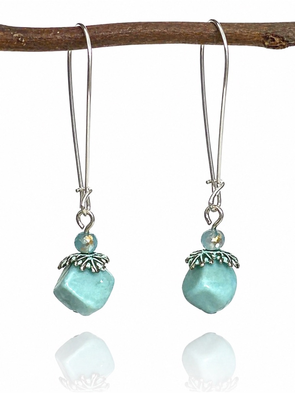 Turquoise Cube Bead Dangle Earrings, Silver Wire Hooks, Boho Drop Earrings